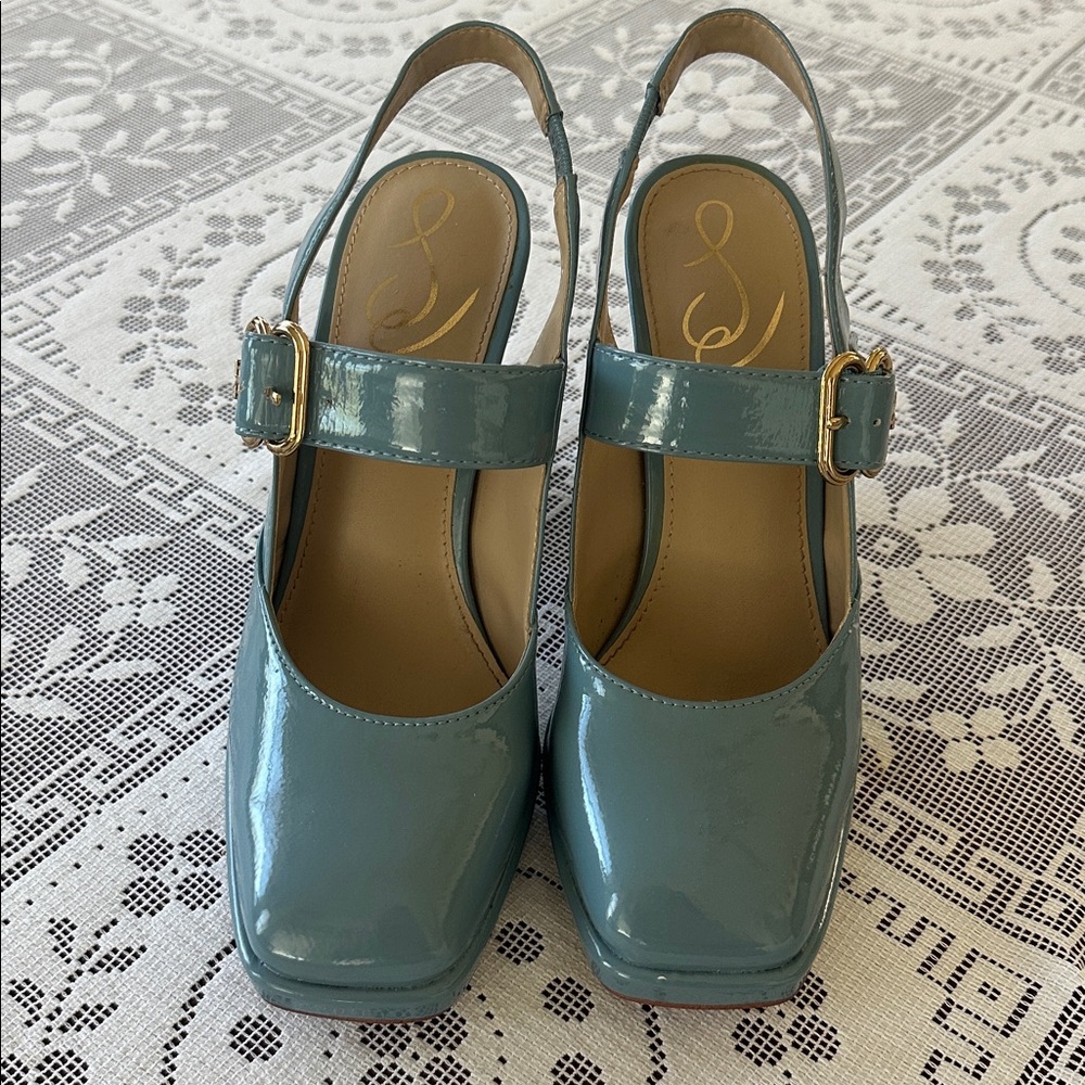 SAM EDELMAN Jildie Slingback Mary Jane Pump Blue Patent Square Toe Block Heel 7 - Picture 2 of 9